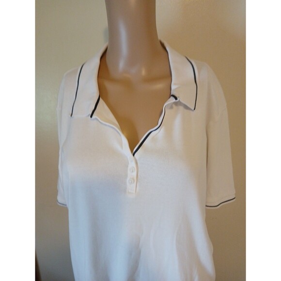 Jones New York Signature Women 2x White Polo/ Navy Trim Short Sleeve Cotton Top - Picture 2 of 14